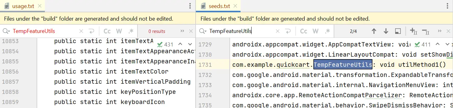 seeds and usage file with keep rule for TempFeatureUtils class