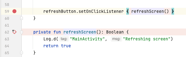 An image showing that a breakpoint at line 59 is dependent on a breakpoint at line 62