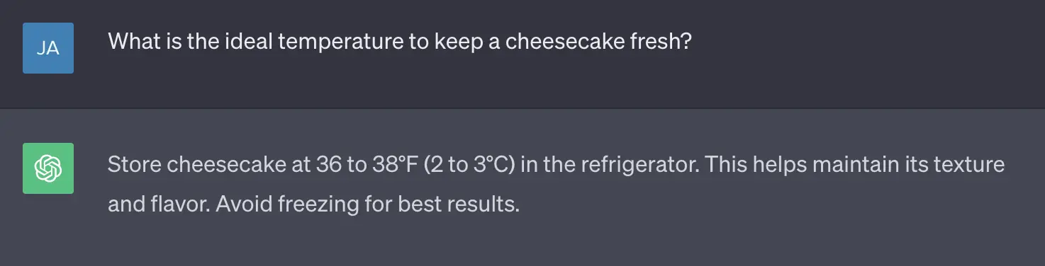 A sample dialogue with ChatGPT about cheesecake, showing how it answers the question