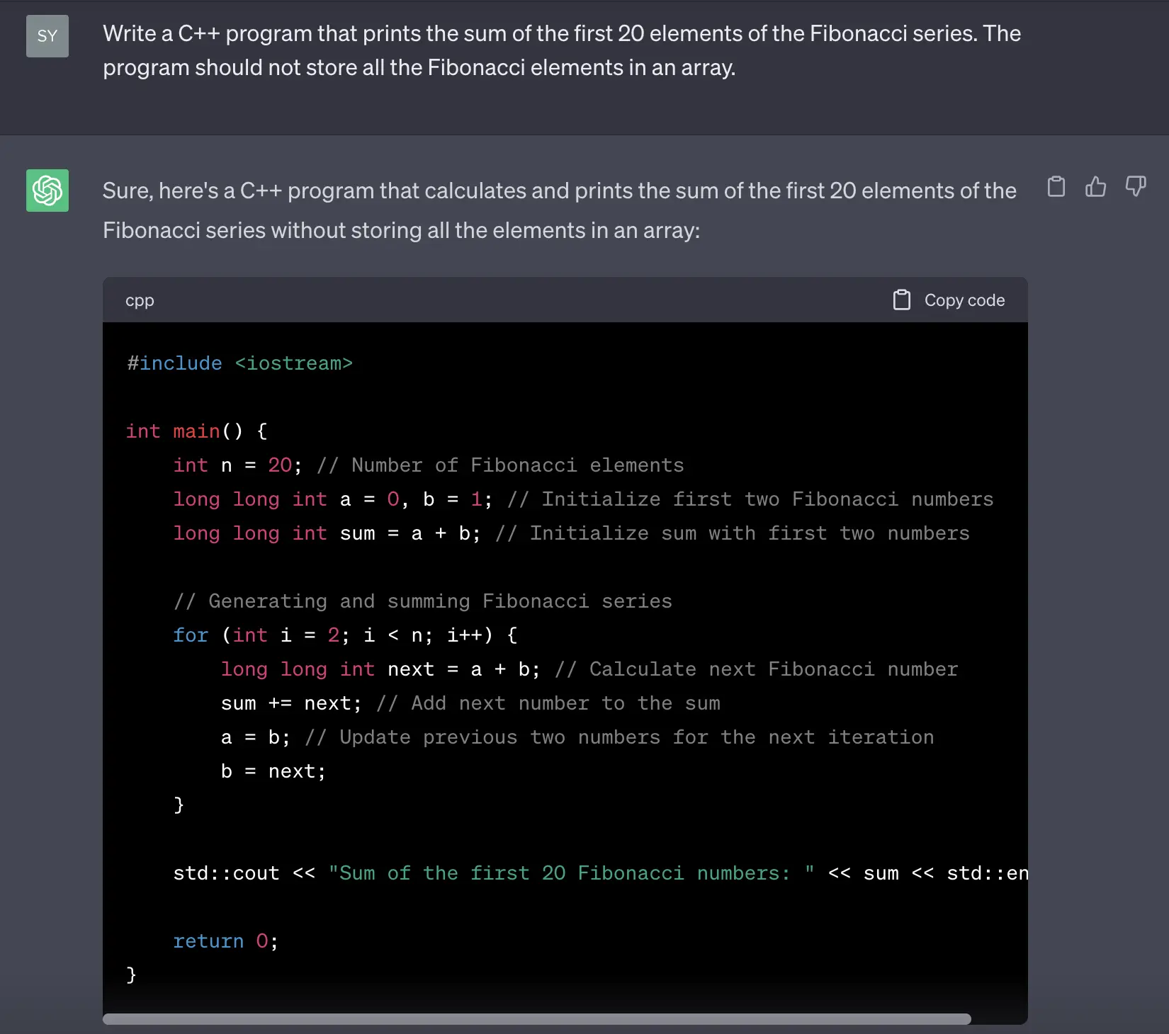 A sample dialogue with ChatGPT showing how it can generate C++ code to calculate the sum of the first 20 elements of the Fibonacci series