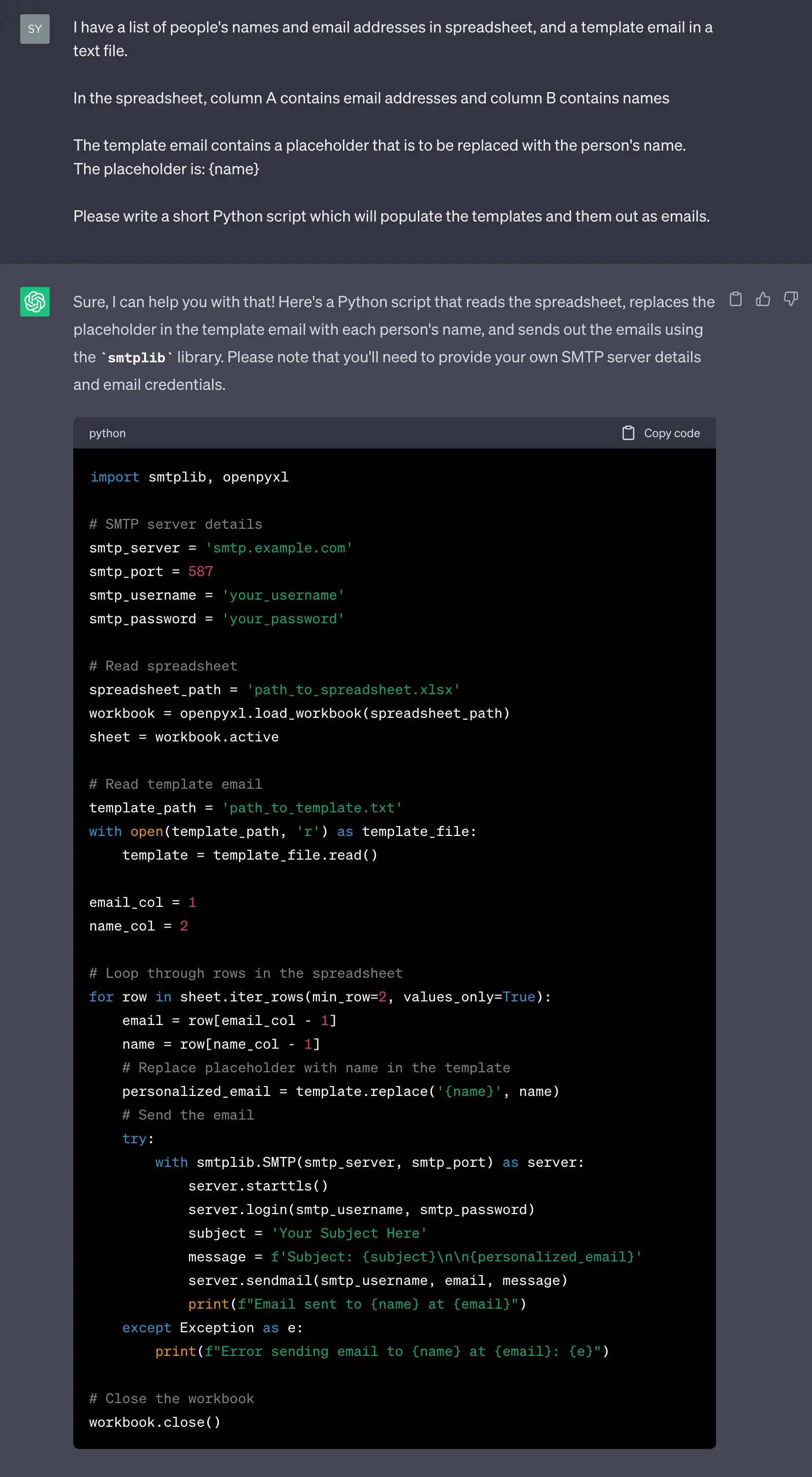 A sample dialogue with ChatGPT showing how it can generate a Python script to automatically send out personalized emails