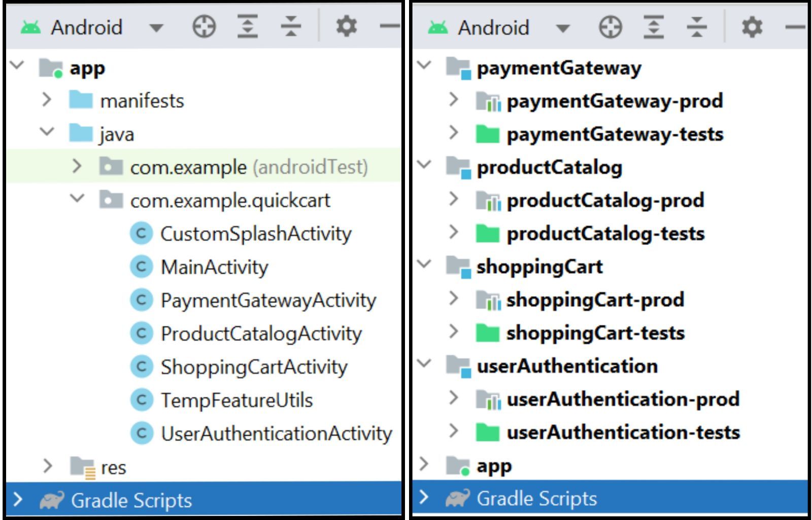 Before (left) and after (right) of a modularized project